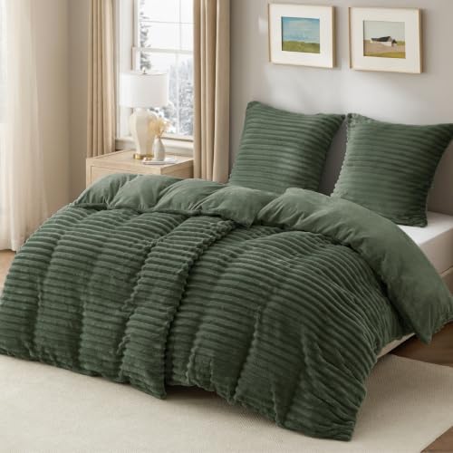 BEDSURE Flanell Bettwäsche 135x200 4teilig Olivengrün | Rippen-Flanell Bettwäsche Set, 300g/m², flauschig warm, mit Reißverschluss, ÖKO-TEX, ideal für Winter