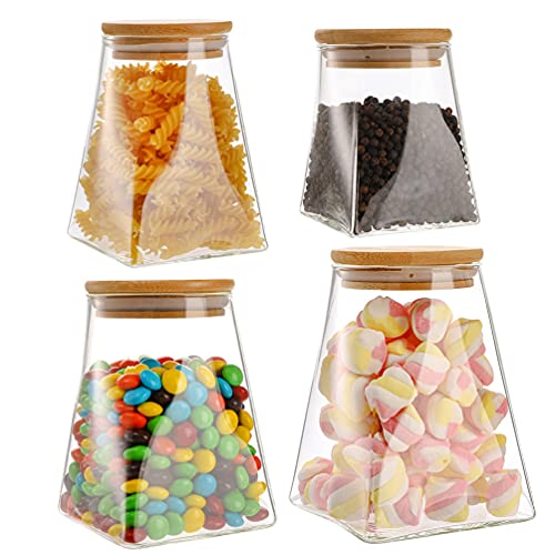Kingrol Paquete de 4 tarros de almacenamiento de alimentos de vidrio con tapa hermética de bambú, juego de recipientes de cocina de diseño moderno para servir especias, té, café, galletas, pasteles Cover