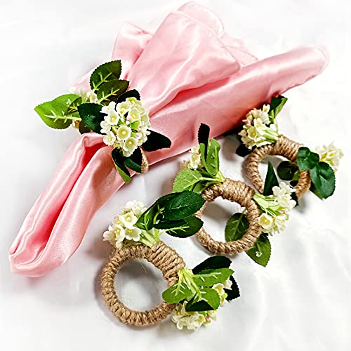 Yellow Flower Napkin Rings Set of 4, Handmade Rattan Napkin Holder Ring for Wedding,Woven Napkin Buckle Rings for Dinner Party, Banquet, Serviette Christmas, Thanksgiving Day, Birthday (Yellow Flower)