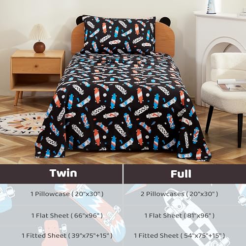Image of Viviland 3 Pieces Boys Black Twin Sheet Set - Soft Microfiber Fitted Flat Sheets & Pillowcase Bed Sheet Set - Cool Skateboard Bedding Sets for Kids
