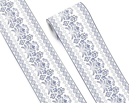 FLFK Wallpaper Border - Floral Peel and Stick Wall Borders Decal Trim Blue and Light Beige 7