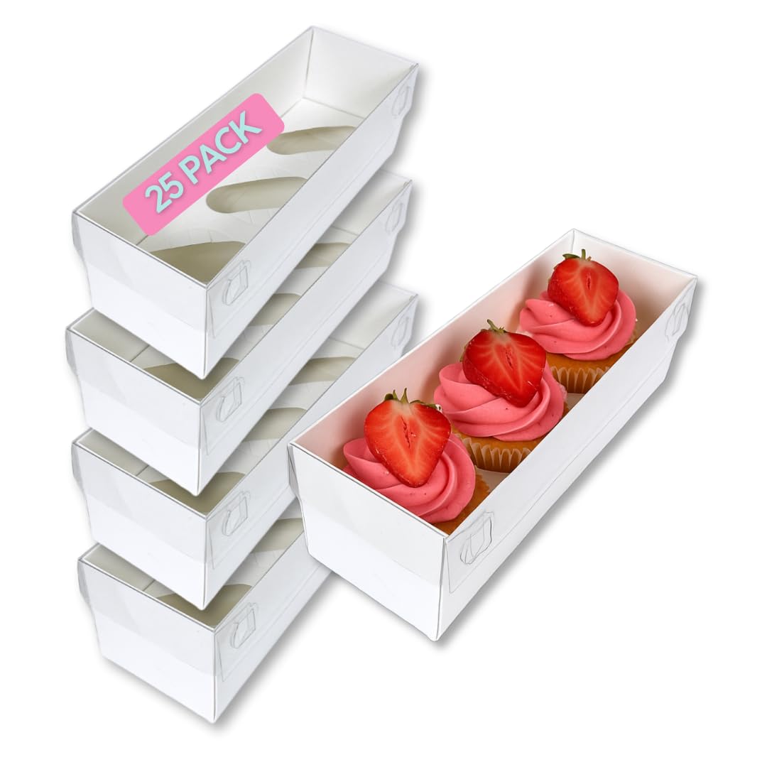 Edible Print Supplies White 3 Hole Extra Tall Cupcake Boxes With Clear Lid & Inserts (25 Pack)