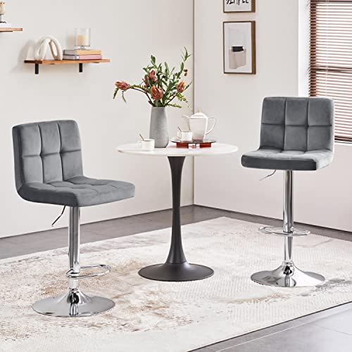 Image of Yaheetech Bar Stools Set of 2, Adjustable Velvet Fabric Swivel Barstools, Modern Counter Stools with Back and Footrest, Counter Height Barstools for Bar, Kitchen, Dining Room, Dark Gray
