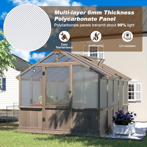 Image of MUPATER 8 x 10FT Wooden Greenhouse with 6mm Polycarbonate Panels for UV Protection and Heat Insulation, Adjustable Ventilated Window & Lockable Door, Walk-in Greenhouse for Outdoors, Patio, Backyard