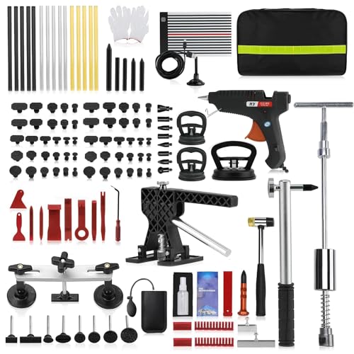 RVGIVE 128 PCS Professional Auto Dent Puller Kit, with Black Lifter, Reflector, Glue Gun, T-Hammer Puller and Interior Removal Tool for Repairing Minor and Deep Dents in car.
