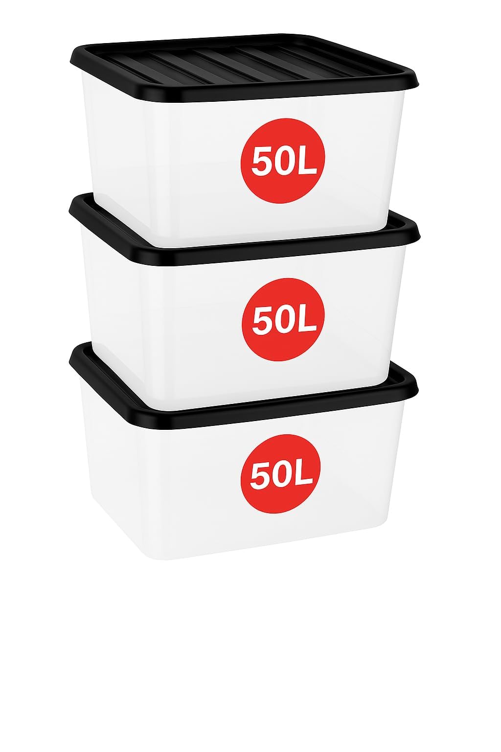 Marco Paul Interiors 50L Box W/ Black Lid - 3Pc Marco Paul 3 Pack 50L Storage Boxes With Lids Clear Plastic Storage Containers Stackable Storage Bins Heavy Duty Home Storage Organiser For Clothes Toys Garage Loft Moving Office