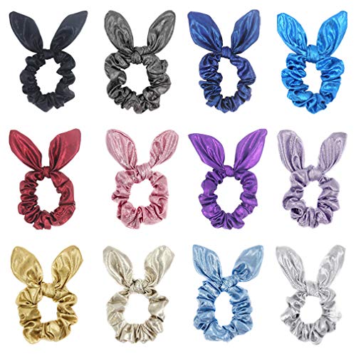 SUSULU Metallic Scrunchies Faux PU Leather Hair Ties Bunny Ear Elastic Bow Scrunchie for Women Hair Accessories Pack of 12