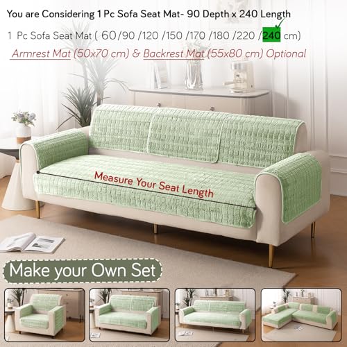 Image of HOKIPO 'Plush Haven' Premium Sofa Mat for 1 /2 /3 Seater & L Shape Sofa. Make Your Own Sofa Cover Set, Anti-Slip Mat Length 90(D) X 240(L) cm, Pastel Green (AR-6288-GRN)