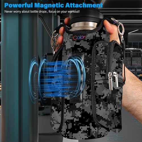 Image of icolor Magnetic Gym Bag Water Bottle Holder with Phone Pockets,5 Built-in Magnets Gym Magnetic Bag Pouch Attach to Fitness Equipment,Diameter 3.9 inch Bottle Carrier Sling Bag