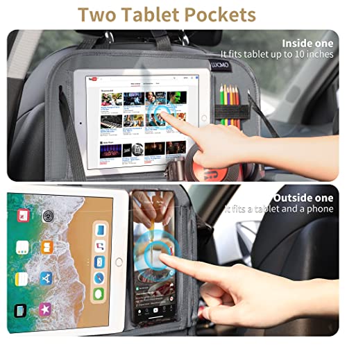 Image of LUCMO Car Backseat Organizer with Foldable Tablet Holder, Grey | 6 Storage Pockets,Foldable Food Tray,Protectors Kick Mats,Travel Accessories,Seat Cover,Road Trip Essentials