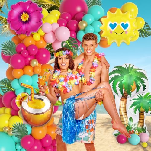 Image of Ouddy Life 189Pcs Tropical Balloons Arch Garland Kit, Summer Party Decor | Hawaiian Party Decorations with Aloha Pineapple Coconut Hot Pink Blue Balloon Palm Leaves for Baby Shower Birthday Supplies