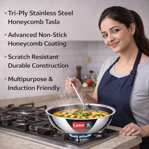 Image of Camro Stainless Steel Tasla 8 Litre 34 Cm | Triply Honeycomb Extra Deep Tasla with Lid | 3-Layer Body | Tri ply Kadai Cookwear Taslas for Cooking | Induction & Gas Stove