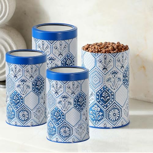 Image of Maroc Collection Airtight Kitchen Container Set| 850ML+1400ML- Set of 4| Food Grade Metal Jars for Spices, Snacks & Dry Food Storage| Vacuum Lid, Rust Resistant, Moroccan Blue Canisters