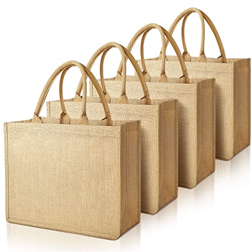 DGDFLDGC 4-Pack Burlap Bags, Jute Tote Bags With Laminated Interior, Soft Handles - Reusable Grocery Shoppers & Bridesmaid Gift Bags