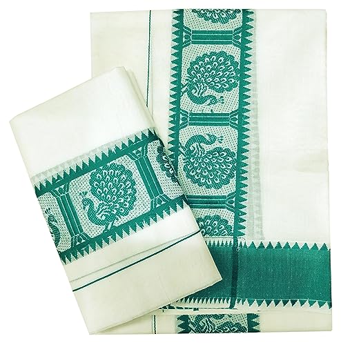 YETTALAN® Women's Kerala Traditional Cotton Set Mundu with Self Jacquard Work 2.80&2.00 Mtr (Sumathi Green Peacock)