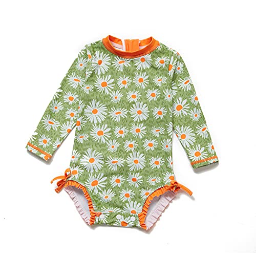 BONVERANO Baby Girl Sunsuits Zip One-Piece L/S Swimsuit UPF50+ Sun Protection with Hats(Green, 18-24 Months)