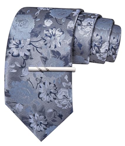 Image of Barry.Wang Floral Ties for Men Flower Necktie with Tie Clip Formal