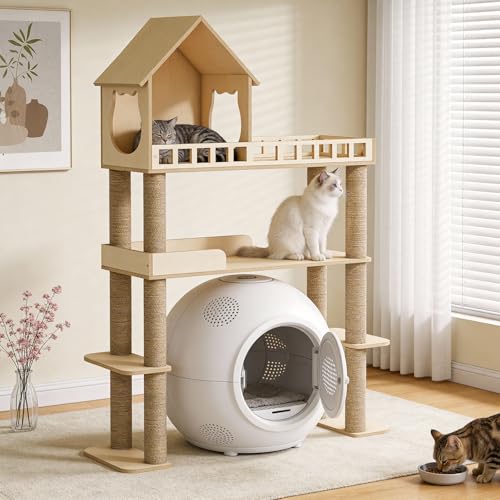 Wood Cat Tree for Automatic Litter Box 60.2 Inch Tall Modern Cat Tree Tower with Litter Box Enclosure Multi-Level Wooden Cats Tower Furniture with Scratching Posts Condo House for Indoor Cats C3