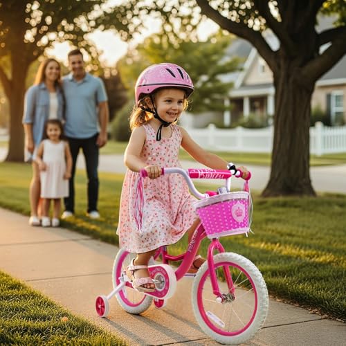 Image of Girls Bike for Toddlers Ages 2-5 Years, 12 14 16 Inch Princess Kids Bike with Training Wheels, Sparkling Frame, Basket, Streamers, Pink Pedal Bicycle, Birthday Gift