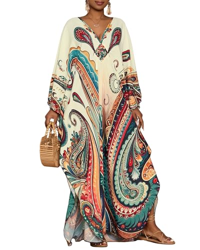 Bsubseach Kaftan Dresses for Women Ethnic Print Plus Size Beach Cover Ups Batwing Sleeve Caftans with Pockets Beige