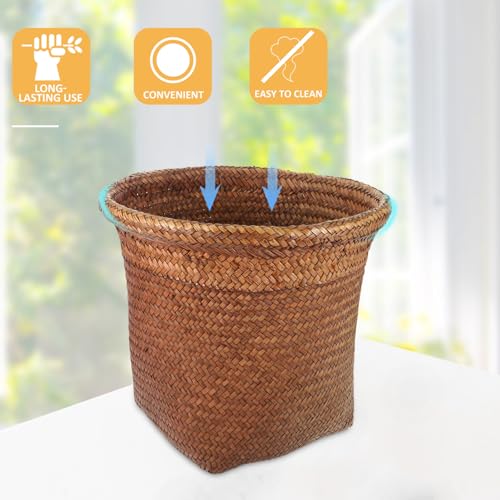 Image of Cabilock 1pc Straw Woven Wastebasket Natural Design Rubbish Container for Home Office and Shop Versatile No Cover for Easy Disposal Retro Aesthetic