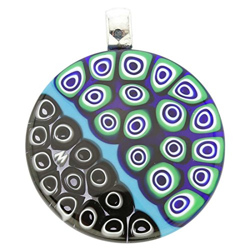 Pendentif rond abstrait millefiori bleu et noir collier bijou artisanal en verre