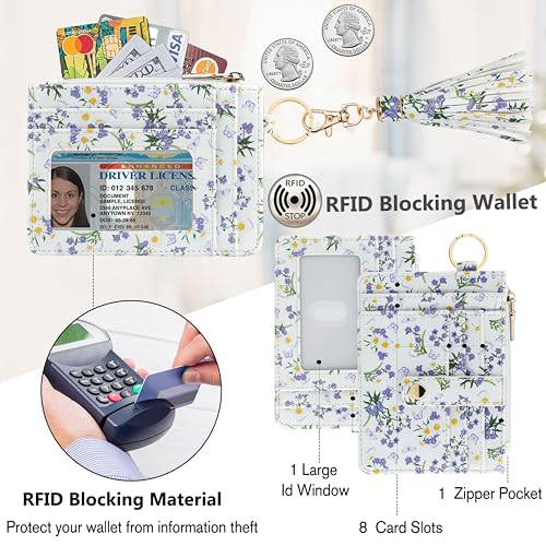 Image of KNGITRYI Wristlet Wallet for Women,RFID Keychain Wallet with Beaded Strap | 8 Card Slots,ID Window,Zipper Pocket,Leather Tassel,Compact Design