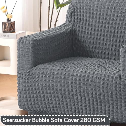 Image of HOKIPO 'Aria Nova' Elastic Stretchable 280 GSM Bubble Sofa Cover for 1 Seater, Dark Grey (NEW-AR-6208-DGRY)