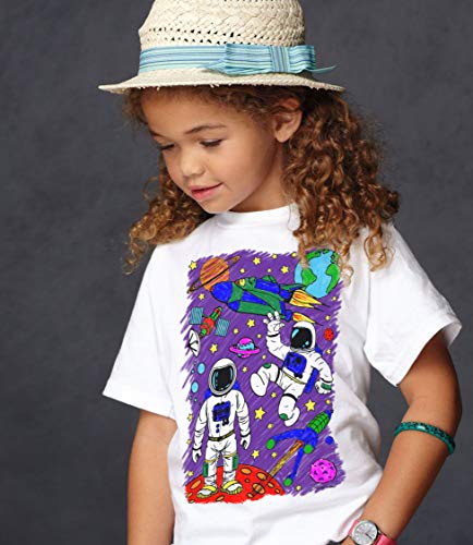 Image of Splat Planet Colour-in Space Man and Space Rocket T-Shirt with 10 Non-Toxic Washable Magic Pens - Colour Your Own, Colour-in and Wash Out T-Shirt
