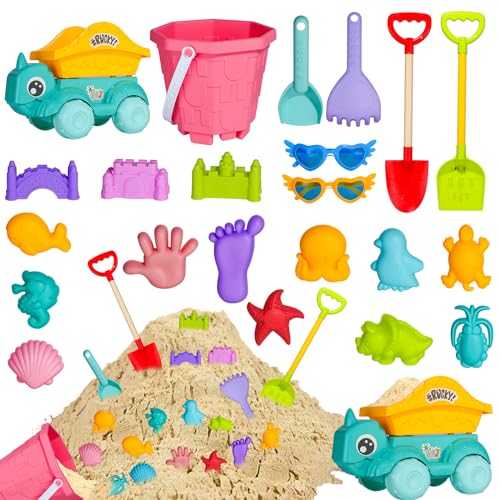 Holady 22-teiliges Strand-Sandspielzeug-Set,umweltfreundliches ABS, langlebig, Dicker Kunststoff, komplettes Geschenkset inklusive Spielzeugauto, Sonnenbrille, Strandeimer, Sandform, Sandschaufel