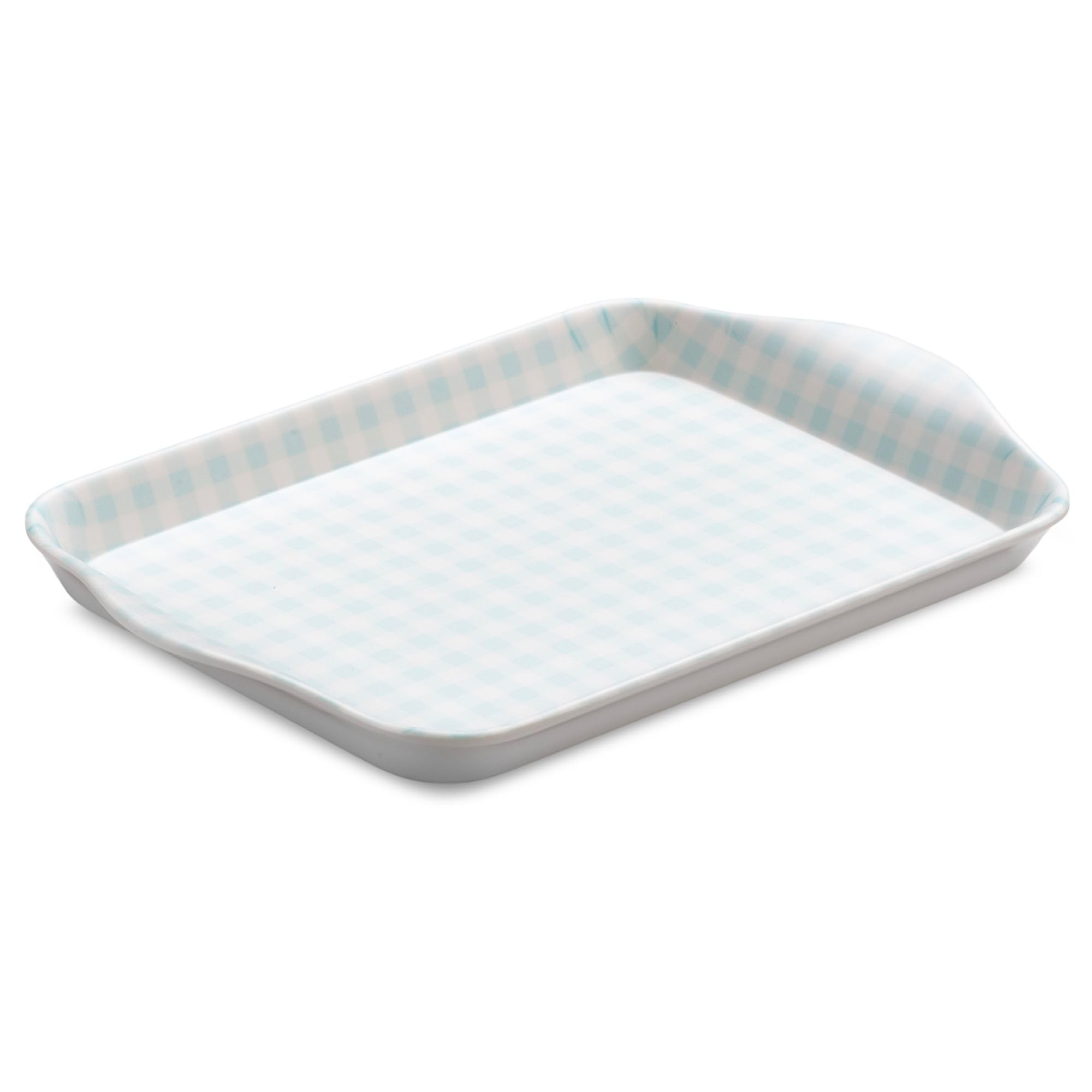 Zeal Mini Serving Tray, Small Melamine Tea & Coffee Tray, Gingham Pattern Snack & Drinks Tray with Raised Handles, BPA Free, 18 x 14cm (Duck Egg Blue)