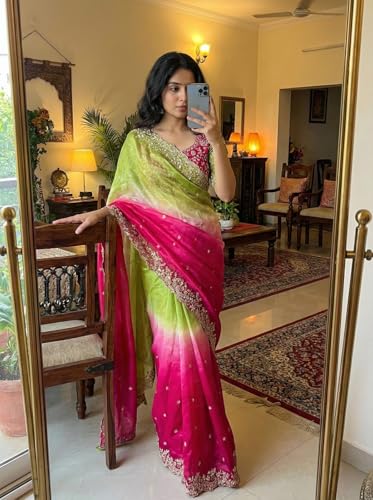 Image of Soft Fandy Satin Saree with Fancy C Pallu, Sequence Zari Work & Heavy Embroidered Stitched Blouse (Free Size)