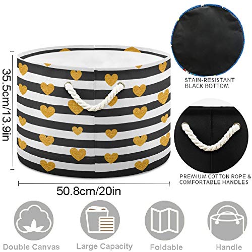 Image of visesunny Collapsible Large Capacity Basket Gold Heart Black White Striped Clothes Toy Storage Hamper with Durable Cotton Handles Home Organizer Solution for Bathroom, Bedroom, Nursery, Laundry,Closet