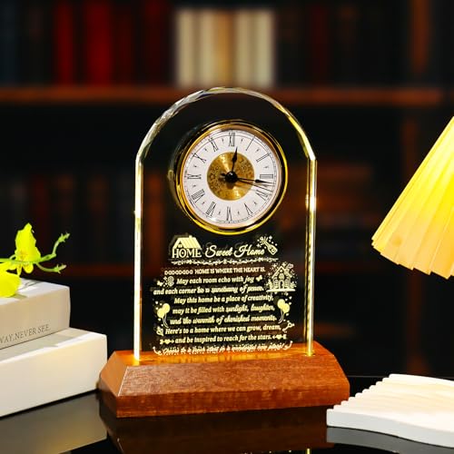 Image of Arikyrist House Warming Gifts Glass Clock with Wooden LED Light Base for Women Men Unique New Home Gift Ideas Crystal House Warming Gifts for Couples Family Home Blessing Keepsakes Tabletop Decor