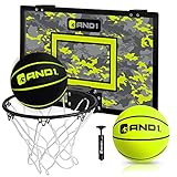 AND1 Over The Door Mini Hoop: - 18”x12” Pre-Assembled Portable Basketball Hoop with Flex Rim, Includes Two Deflated 5” Mini Basketball – Volt/Black (5A1GT0110F0E2)