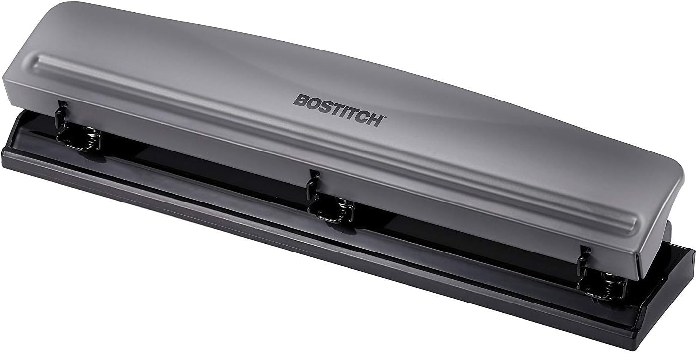 Bostitch Office Premium 3 Hole Punch, 12 Sheet Capacity, Metal, Rubber Base, Easy-Clean Tray, Silver, Gray (Pack of 6)