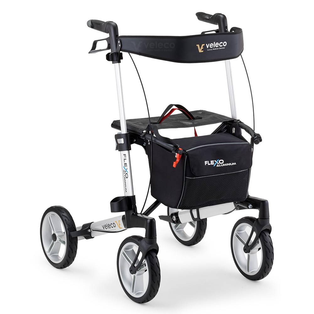 Andador plegable de aluminio Veleco Flexo de 4 ruedas, resistente y ligero, Rollator (Plata)