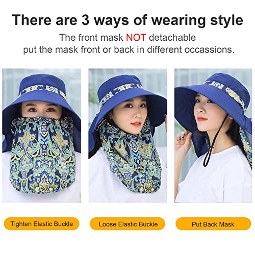 Image of Women Wide Brim Face Mask Sun Hat Detachable Neck Face Flap Ponytail UV Protection Visor Hat Garden Fishing Hiking