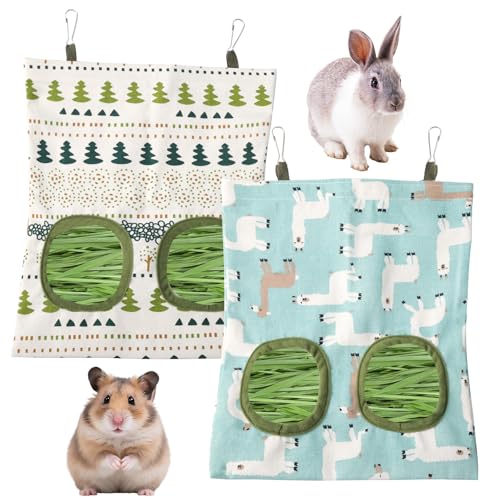 Loghohu 2 Packs Rabbit Hay Feeder Bag Hanging Hay Feeders Washable 2 Hole Guinea Pig Hay Feeder Bag for Bunny Rabbits Chinchillas Hamsters Small Pets Animals