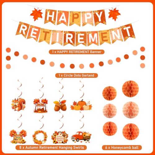 Image of YTHETM Fall Retirement Party Decorations for Men Women Happy Retirement Banner Honeycomb Balls Hanging Swirl Circle Dots Garland Fall Retirement Party Supplies