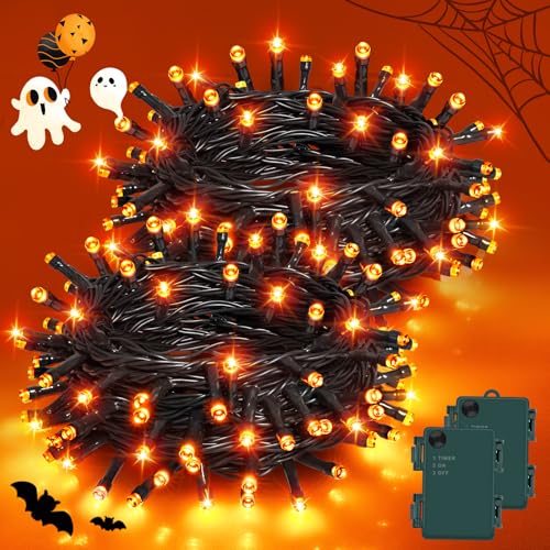Guirlande Lumineuse, Lumières d'Halloween 2 pièces 5M 50LED Intérieur et Extérieur, Fonction Minuterie, Étanche Guirlande LED à Pile pour Décoration Halloween Fête Club Jardin Fenêtre Mur Orange
