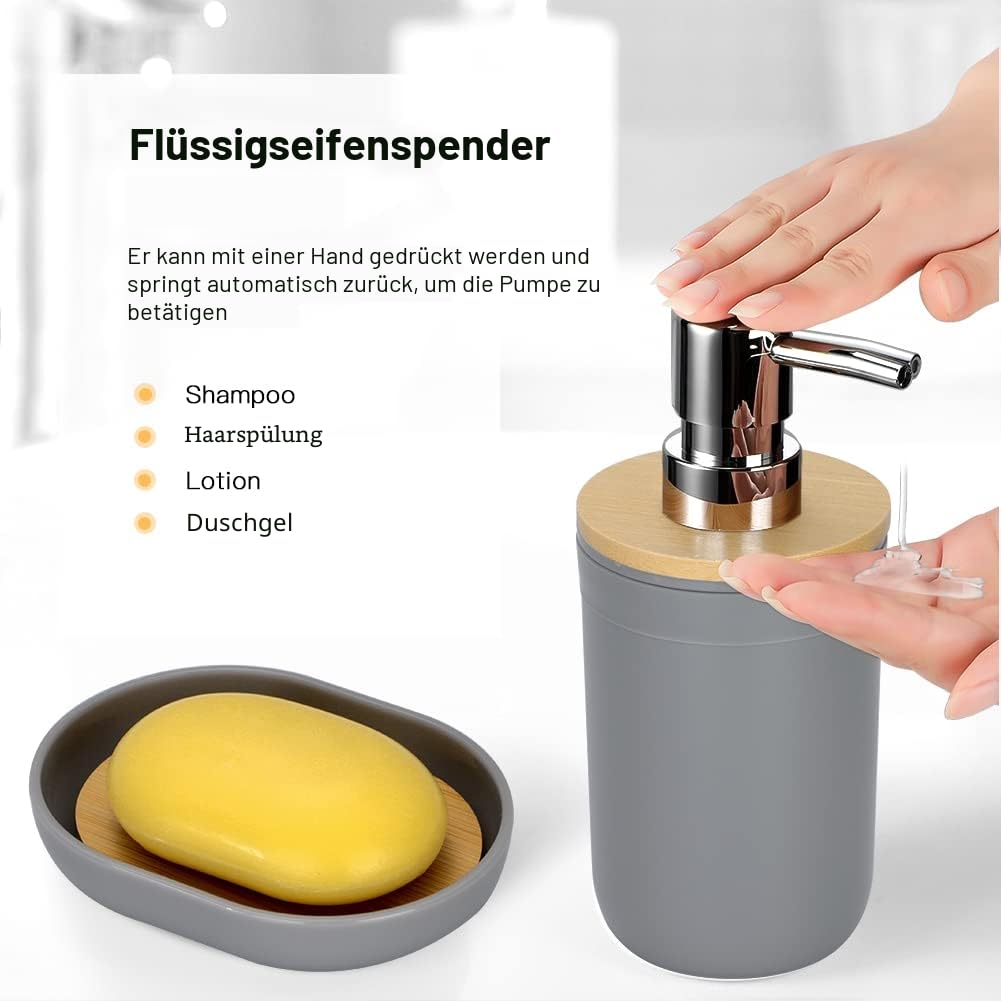 JOTOM 7 Stück Bambus Badezimmer Zubehör Badezimmer Zubehör Set Luxus Modern Bad Set Zahnbürstenhalter Becher Qtip Halter Toilettenbürste Set Seifenschale Mülleimer Seifenspender (Grau)