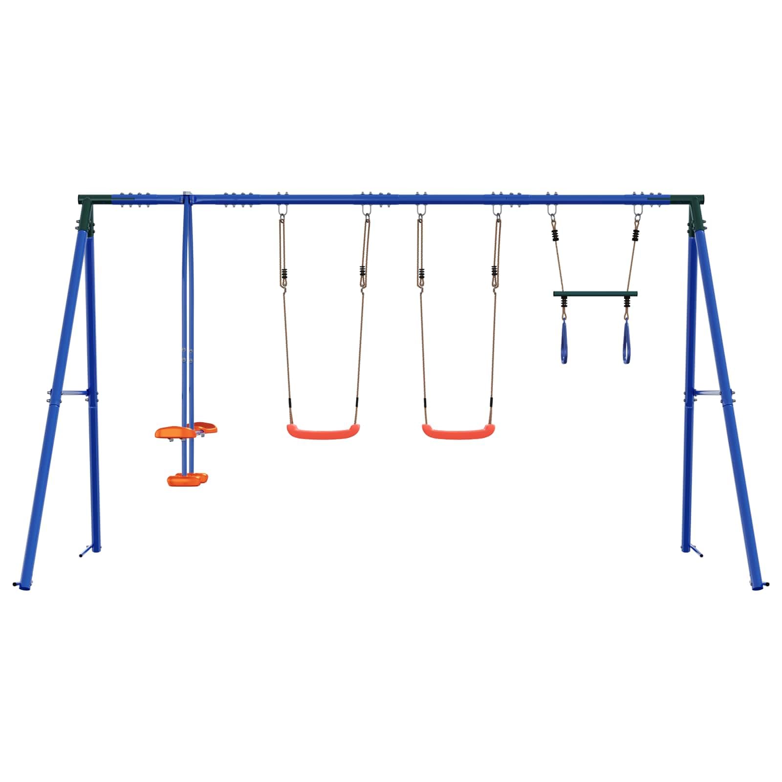 Mehrfarbiges Outdoor Schaukelset aus Stahl und PE 330 x 185 x 185 cm für Garten Hof Terrasse Spielplatz draußen schwingen klettern rutschen balancieren Kinder 3 bis 10 Jahre