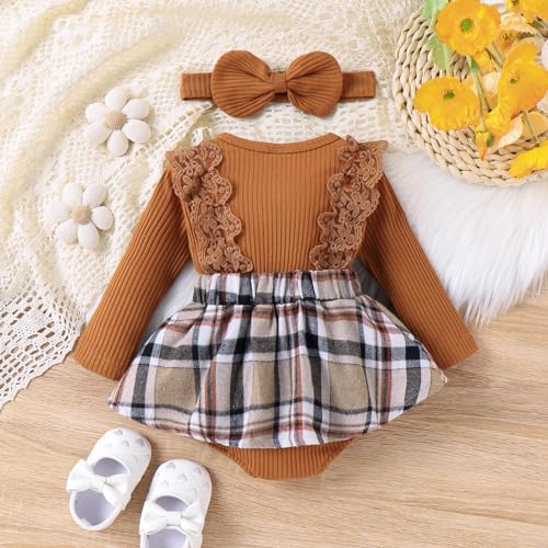 Baby Girl Clothes Fall Winter Outfit Plaid Romper Long Sleeve Dress Lace Ruffles Bodysuit with Bow Headband3