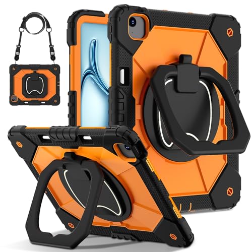 Coque iPad Air 13 pouces antichoc orange avec béquille rotative et bandoulière