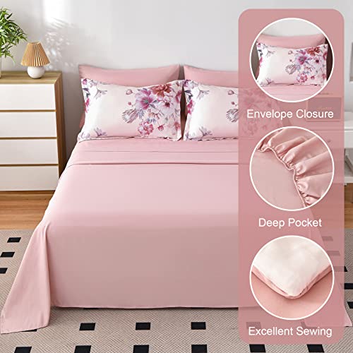 Image of Floral Comforter Sets 7 Piece Bed in a Bag, Soft Lightweight Microfiber Bed Comforter Set with Sheets (Pink,King)