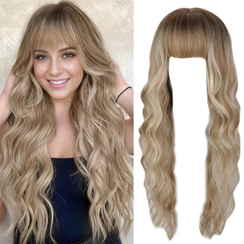 Perruque blonde longue perruque bouclée 31,5 pouces wavy avec frange haute température
