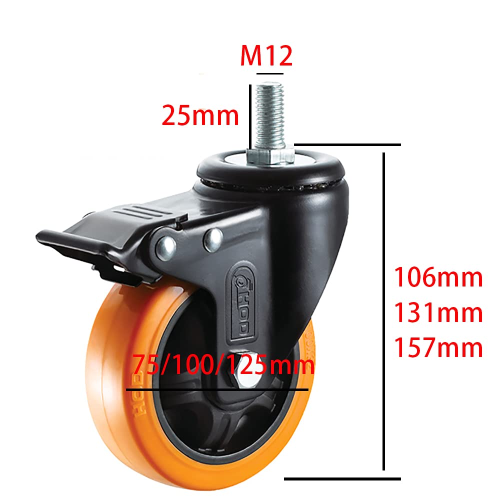 Koła kółkowe, Zestaw kołowy o dużej wytrzymałości 75/100/125 mm PU M12 Koła z trzpieniem Zestaw obrotowy z hamulcem, zamiennik do mebli, stół warsztatowy, zestaw 4 szt. (Color : 100mm, Size : With B