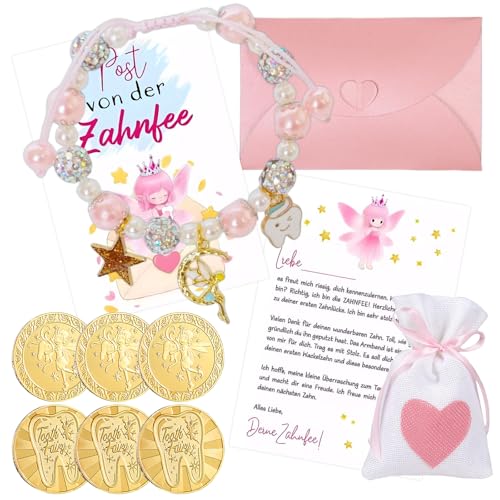 Regalo Hada de Dientes, Monedas de Hadas de Dientes(6x), Pulsera del (1x), Pulsera de Perlas con Postal, Regalos del para Niñas, Set Sorpresa por Diente Perdidos
