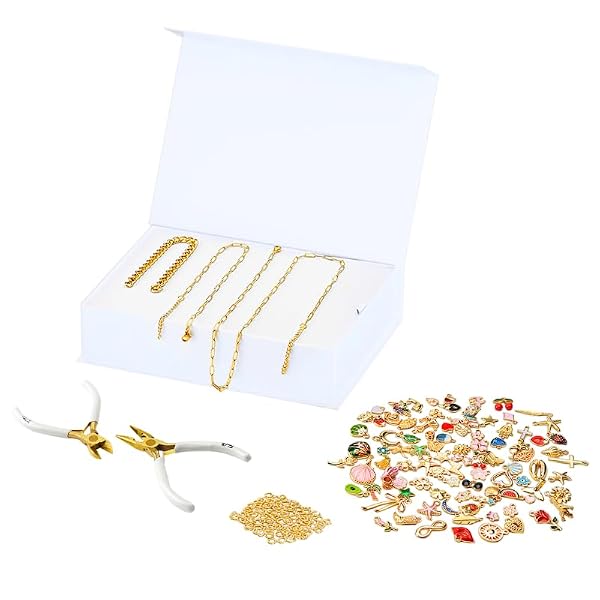 FabuLove Charm Jewelry Kit - DIY Necklace, Bracelet & Ring Set with 100+ Charms, Tools & Jump Rings | Personalized Accessories for Women | Fun Craft Activity for Friends & Family (Gold) by FabuLove - Used condition - US$41.33